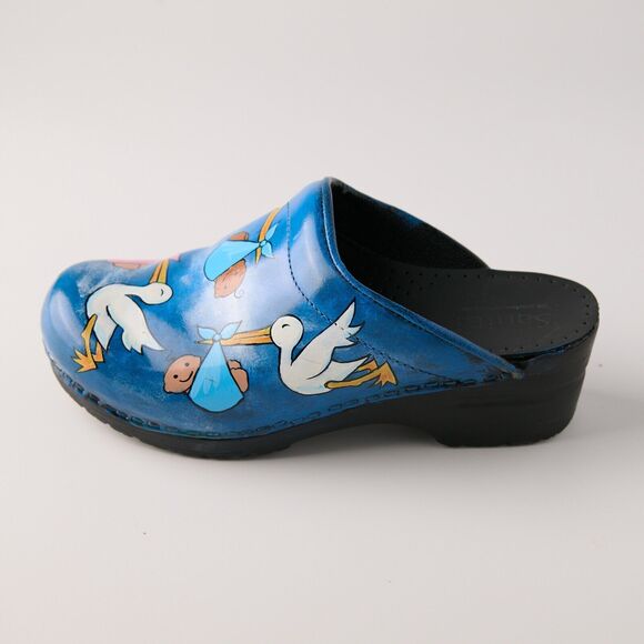 Sanita Hand Painted Stork Baby Clogs Sz 37 EU Nurse RN Midwife Shoes Denmark - Picture 13 of 15